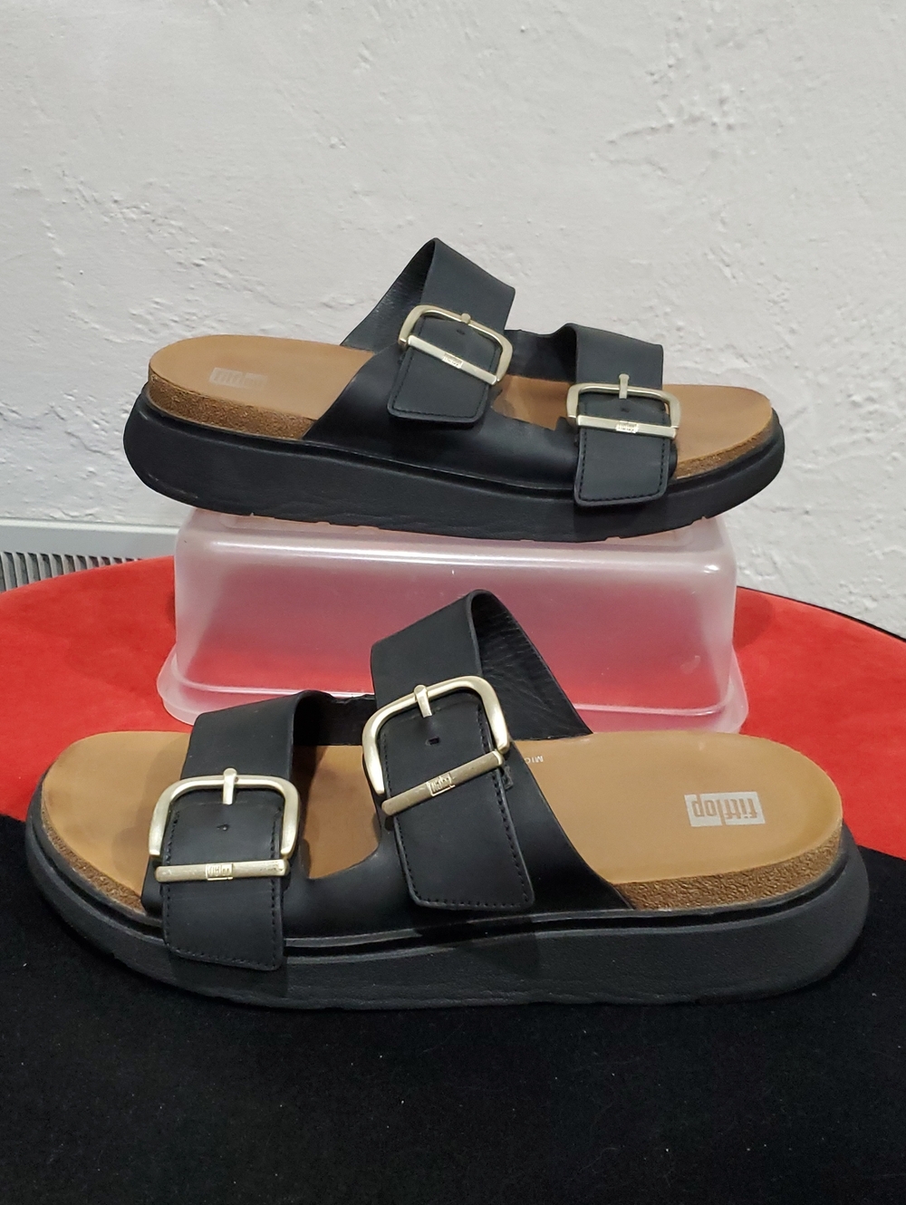 Fitflop GEN-FF Buckle Two-Bar Leather Slides In Black Size 8.5 - Picture 6 of 15